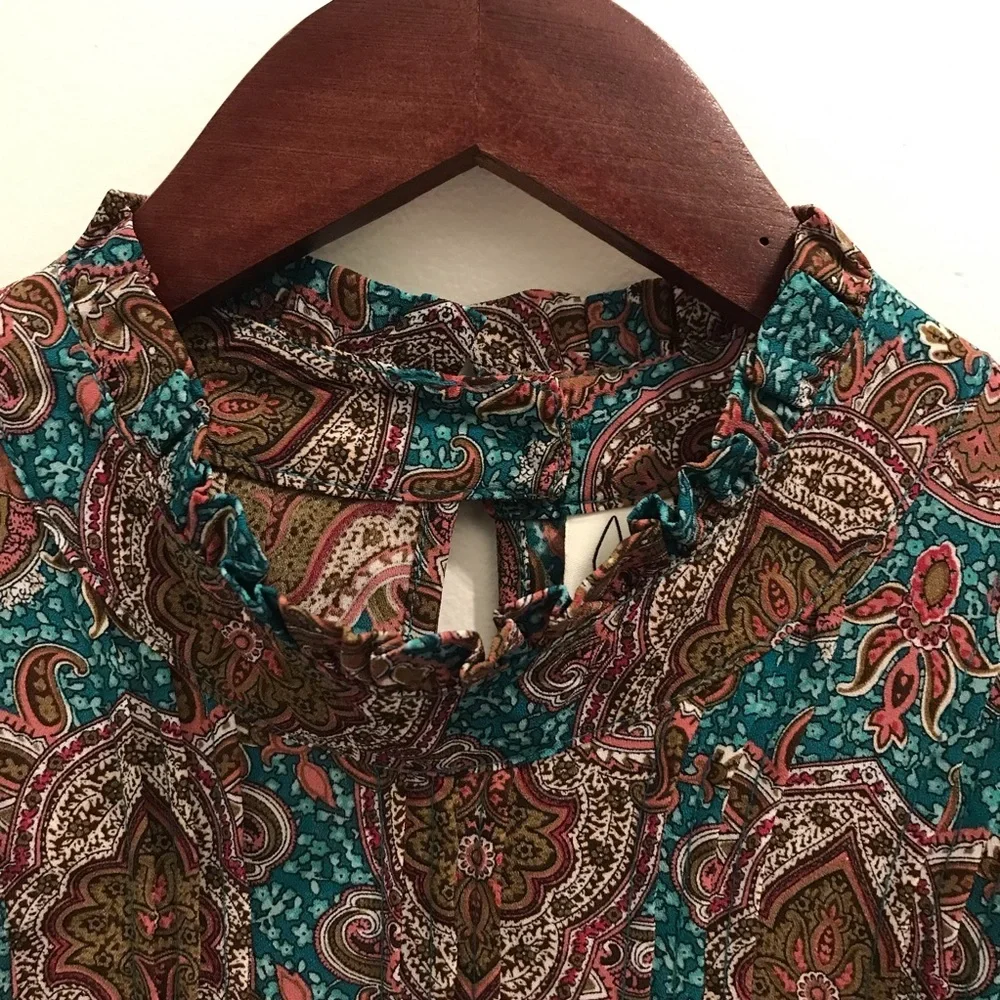 NWT Joie Paisley Long Sleeve Blouse Small XS brown teal green pink Top - Picture 7 of 12